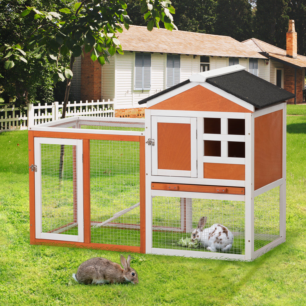 Leoglint 2-Story Wooden Rabbit Hutch Bunny Cage, Chicken Coop, Pet House for Small Animals, Orange + White