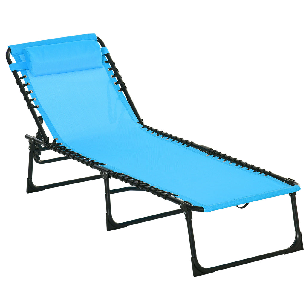 Leoglint Folding Chaise Lounge Pool Outdoor Chair, Patio Sun Tanning Chair, Outdoor Lounge Chair w/ 4-Position Reclining Back, Pillow, Breathable Mesh & Bungee Seat for Beach, Yard, Patio, Blue