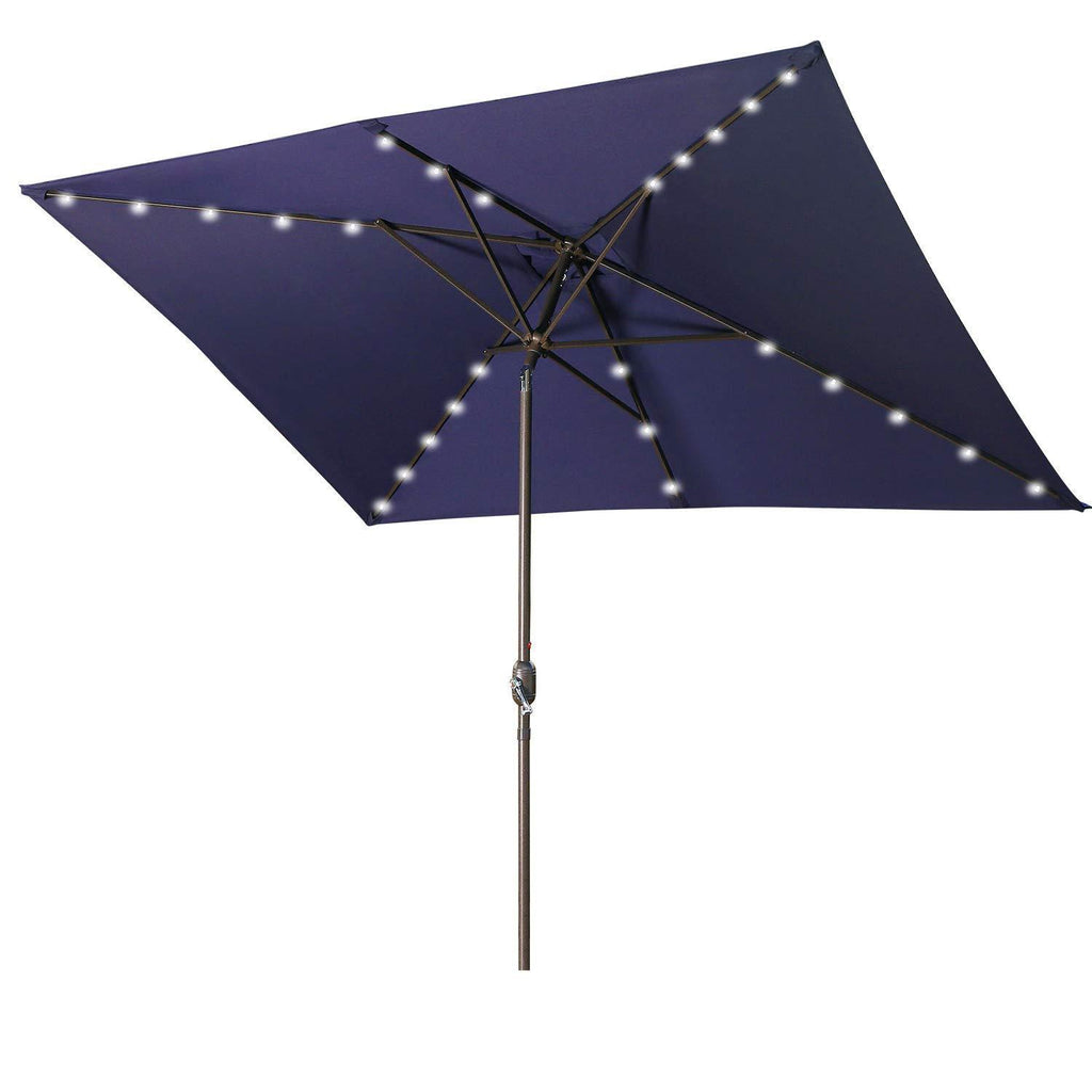 Leoglint Outdoor Umbrella Waterproof Rectangular Patio Umbrella and Solar Lights 6.5 ft. x 10 ft. , 26 LED lights, Push Button Tilt, Crank in NAVY BLUE