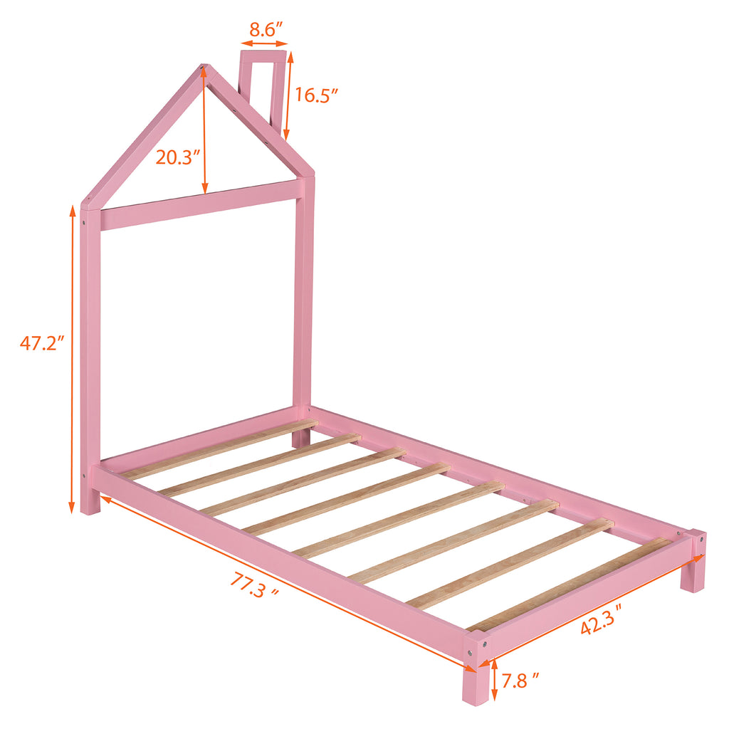 Leoglint Twin Size Wood Platform Bed Frame with House-shaped Headboard  (Pink)