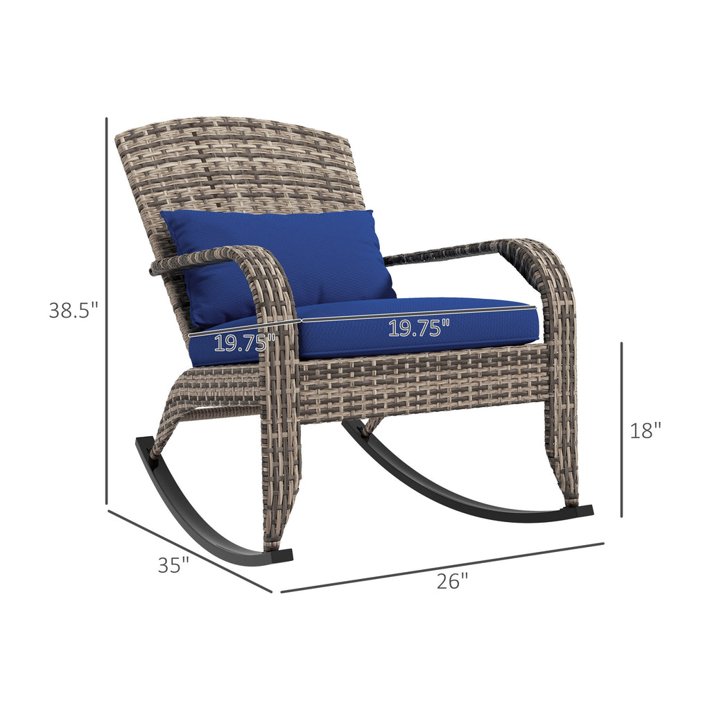 Leoglint Wicker Adirondack Rocking Outdoor Chair, Patio Rattan Rocker Chair with High Back, Seat Cushion, and Pillow for Garden, Porch, Balcony, Dark Blue