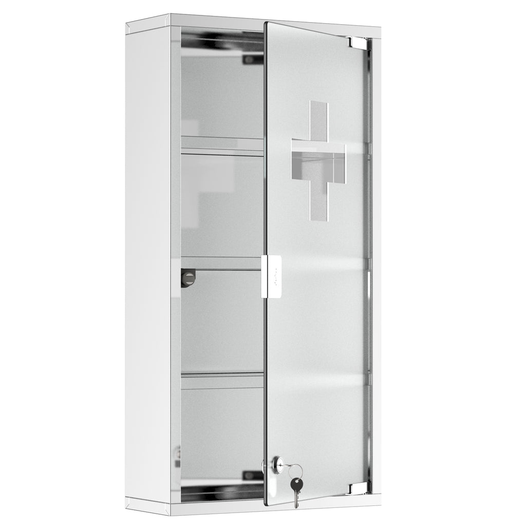 Leoglint kleankin Wall Mounted Medicine Cabinet, Locking Wall Cabinet with 4 Tier Shelves, Stainless Steel Frame and Glass Door, Lockable with 2 Keys, Silver, 12" x 24"