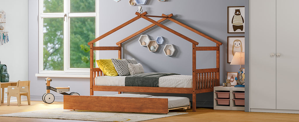 Leoglint Twin Size Wooden House Bed Frame with Twin Size Trundle, Walnut