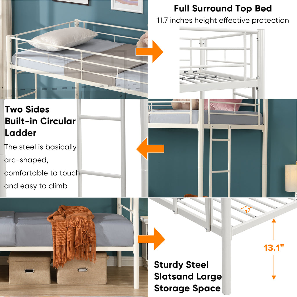 Leoglint Twin Over Twin Metal Bunk Bed Frame,Metal Structure Bedframe with Safety Guardrails and 2 ladders,Convertible Bunkbeds,No Spring Box Required and Space Saving Design,White