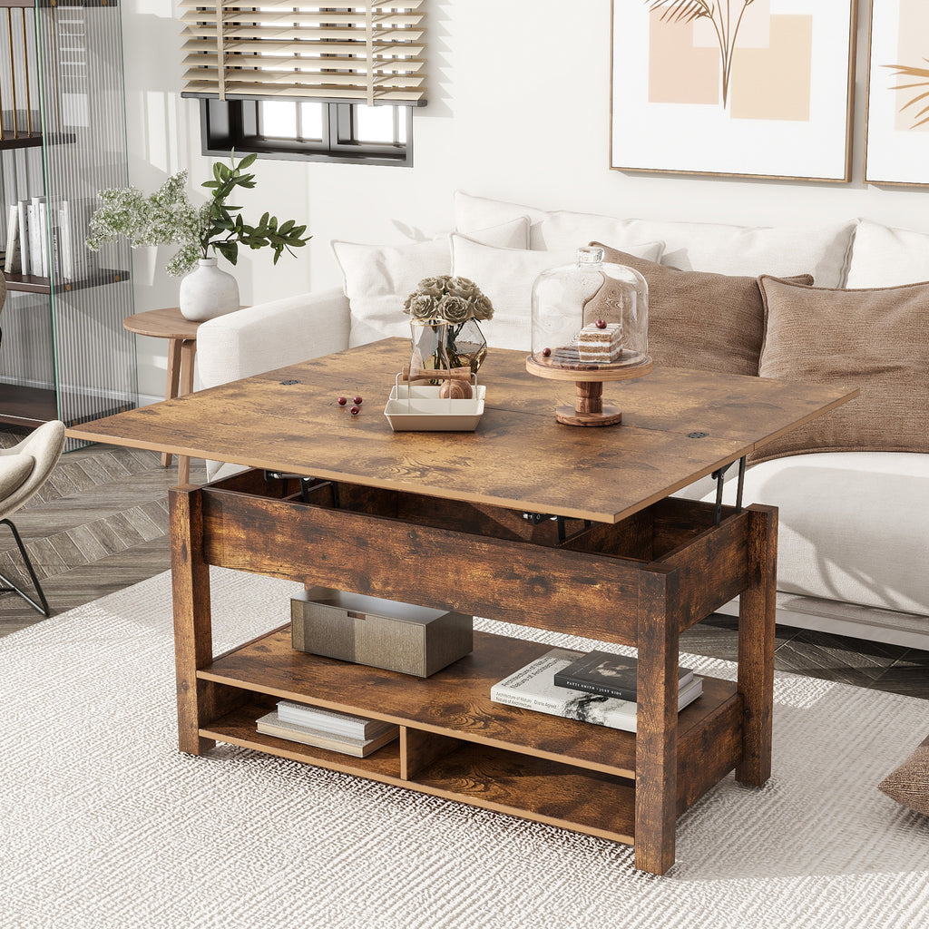 Leoglint [VIDEO provided] ON-TREND Lift Top Coffee Table, Multi-Functional Coffee Table with Open Shelves, Modern Lift Tabletop Dining Table for Living Room, Home Office, Rustic Brown