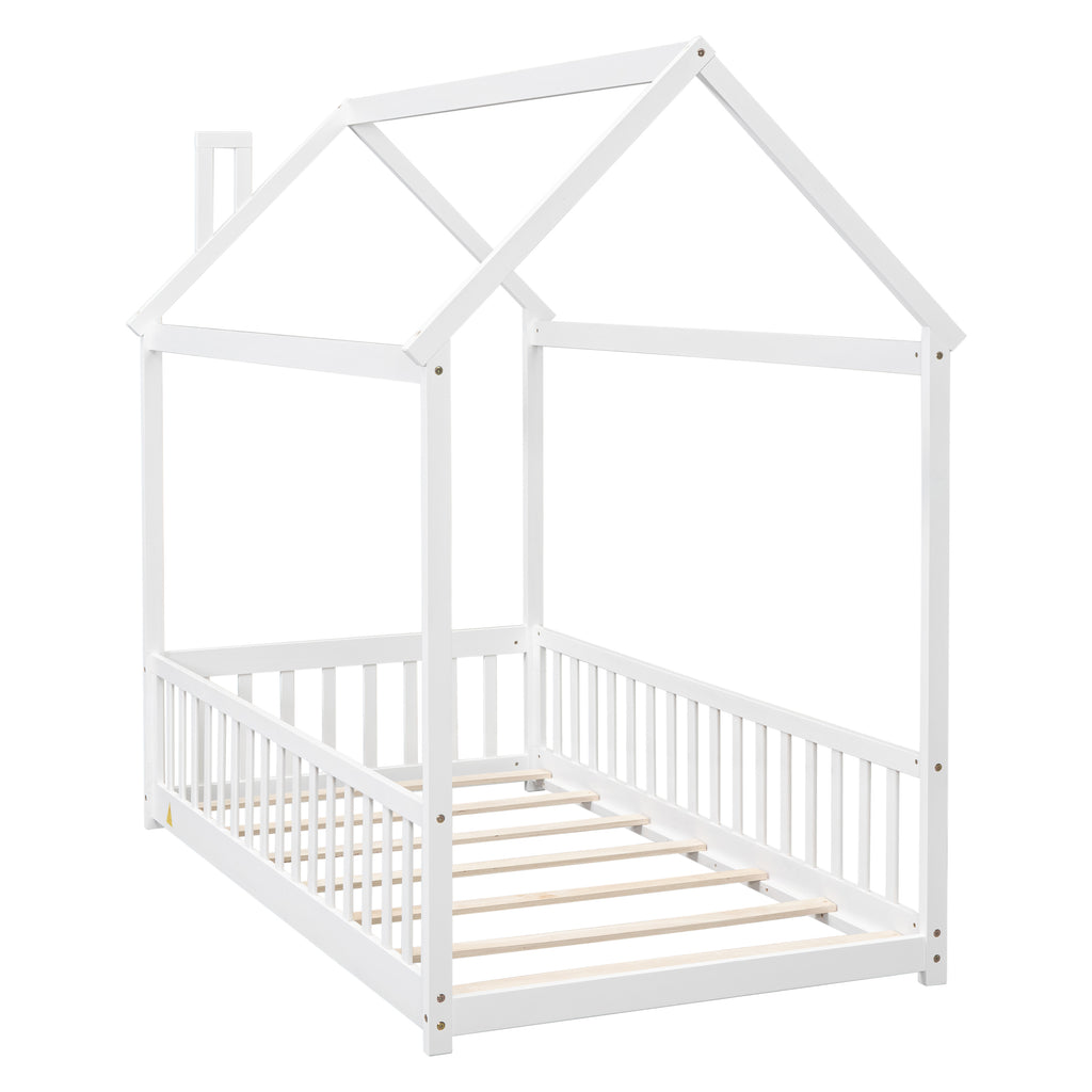 Twin House Bed Frame with Guardrails, Slats ,White