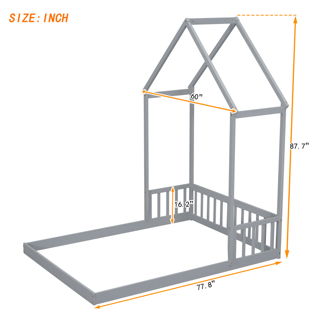 Leoglint Full Roof-framed Headboard Floor Bed with Headboard Guardrails, without Slats ,Grey