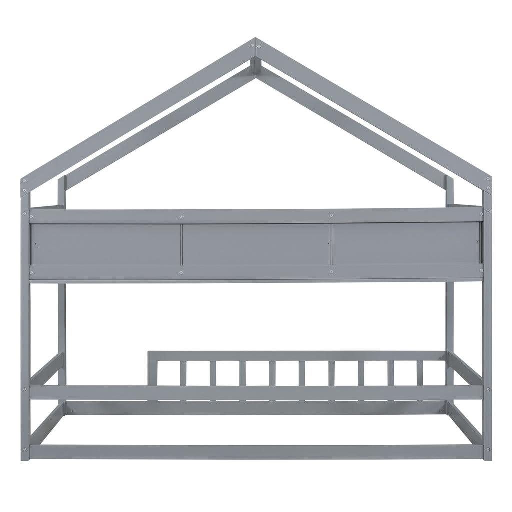 Leoglint Wooden Twin Size House Bed Frame with Storage Shelf,Kids Bed with Fence and Roof, Gray