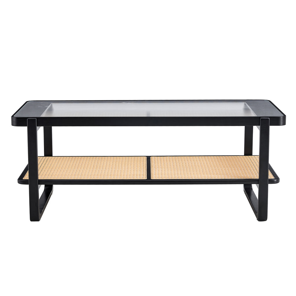 Leoglint Modern minimalist rectangular double layer black solid wood imitation rattan coffee table with a Chinese style side table with craft glass tabletop, suitable for living rooms, restaurants, bedrooms