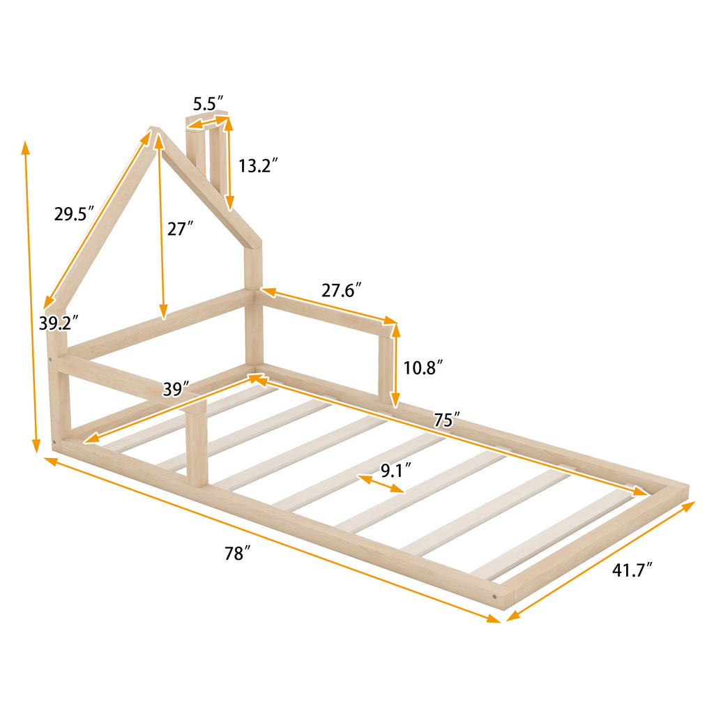 Leoglint Twin Size Wood Floor Bed Frame with House-shaped Headboard, Natural