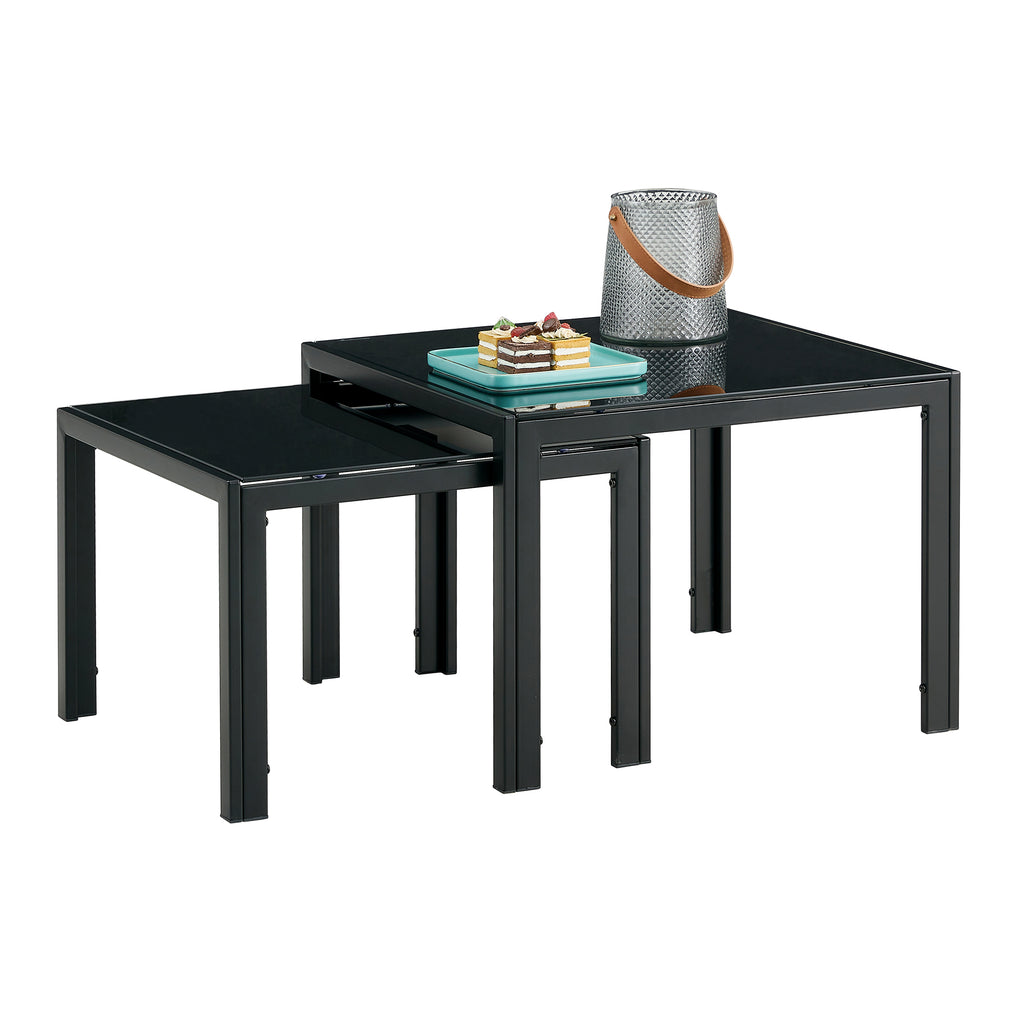 Leoglint Nesting Coffee Table Set of 2, Square Modern Stacking Table with Tempered Glass Finish for Living Room,Black