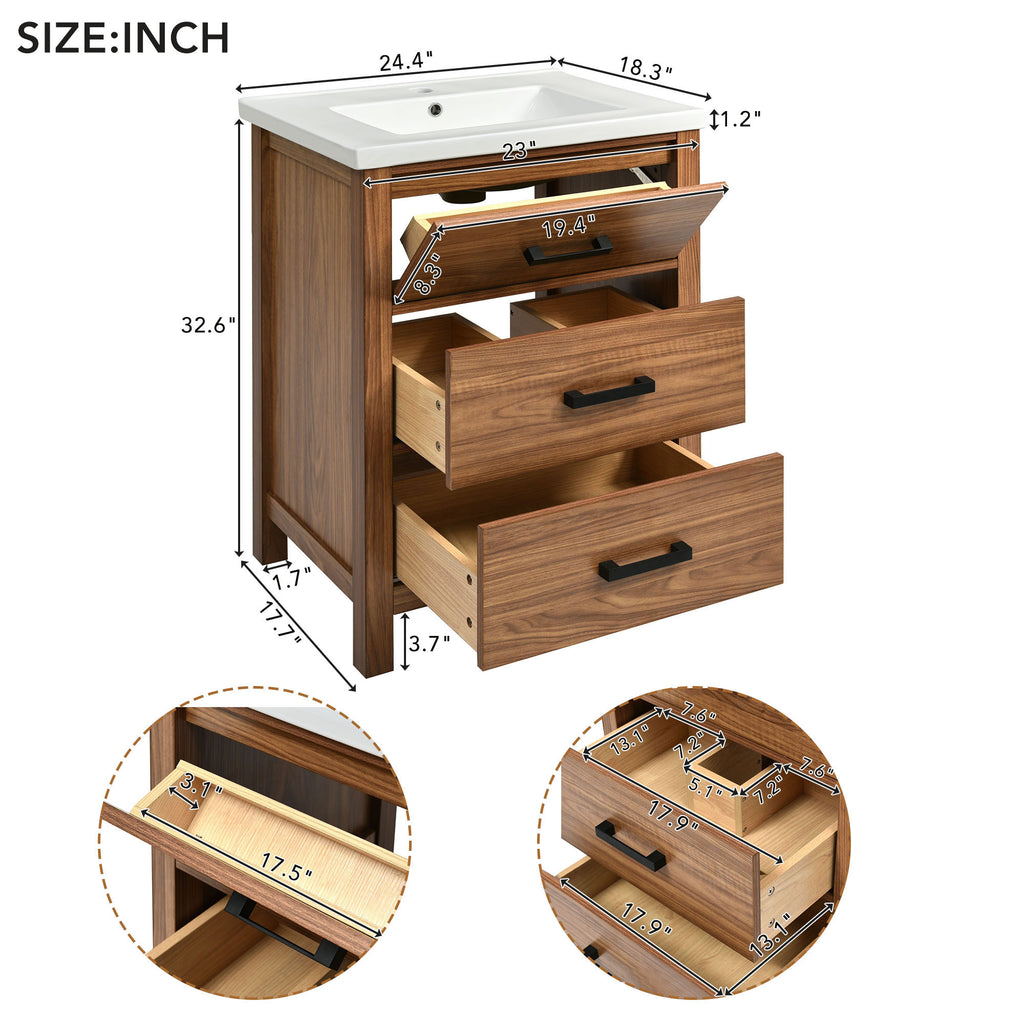 Leoglint 24'' Bathroom Vanity with Ceramic Basin Sink, Modern Bathroom Storage Cabinet with 3 Drawers, Freestanding Bathroom Vanity Cabinet with Single Sink