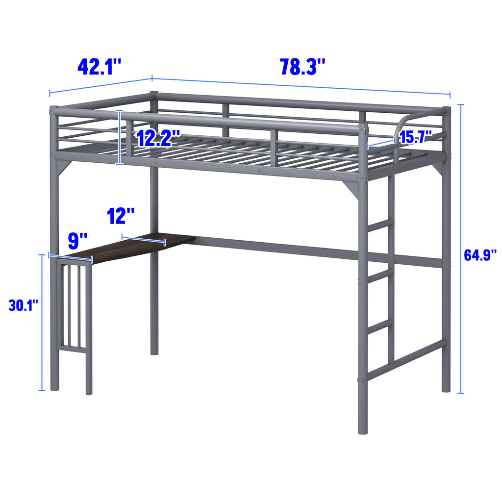 Leoglint Twin Metal loft Bed Frame with Desk, Ladder and Guardrails, bookdesk under bed, Silver