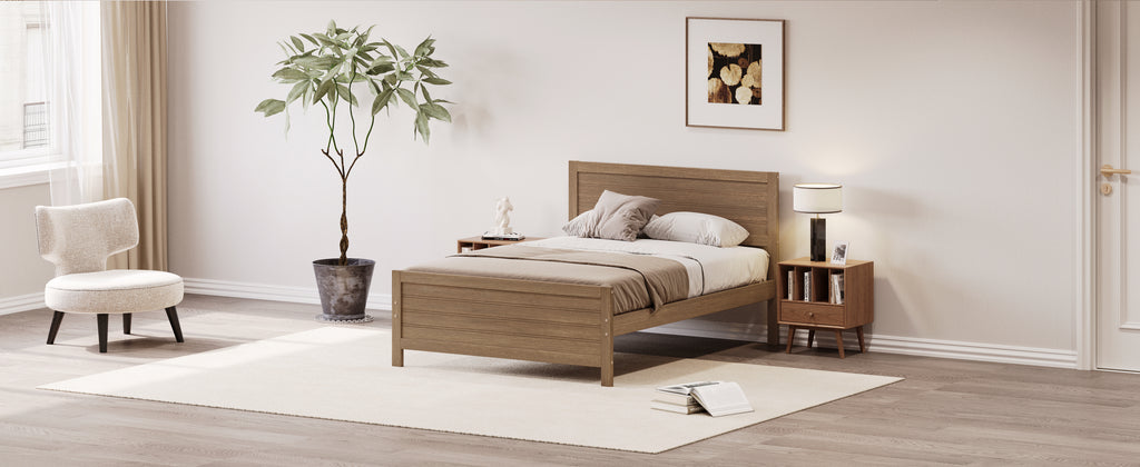 Leoglint Wood Platform Bed Frame with Headboard, Mattress Foundation with Wood Slat Support, No Box Spring Needed, Full Size, Walnut