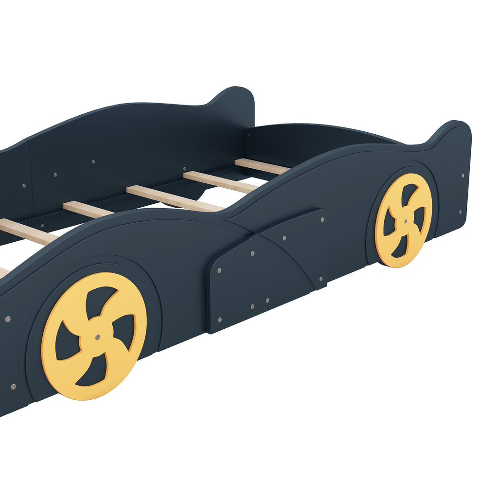 Leoglint Twin Size Race Car-Shaped Platform Bed Frame with Wheels and Storage, Dark Blue+Yellow