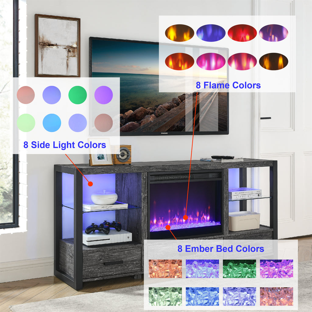 Leoglint 60 Inch Electric Fireplace Media TV Stand With Sync Colorful LED Lights-Dark rustic oak color