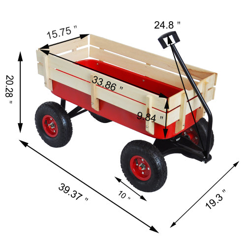 Leoglint Garden cart outdoor sport wagon tools cart wooden side panels air tires Wagon (red)