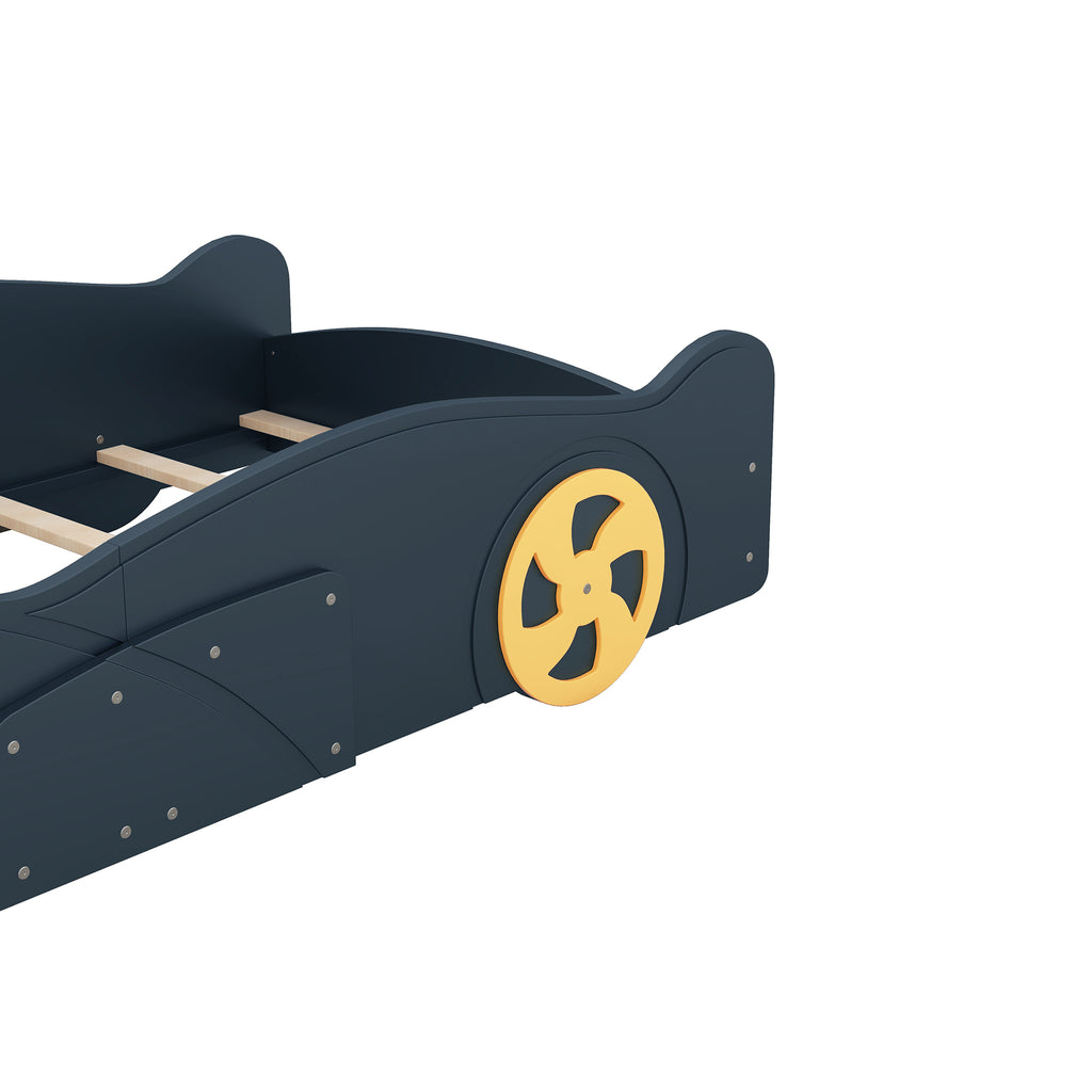 Leoglint Twin Size Race Car-Shaped Platform Bed Frame with Wheels and Storage, Dark Blue+Yellow