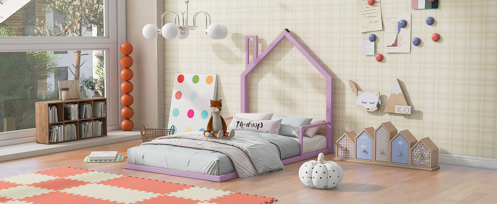 Leoglint Twin Size Metal Floor Bed  Frame with House-shaped Headboard, Pink