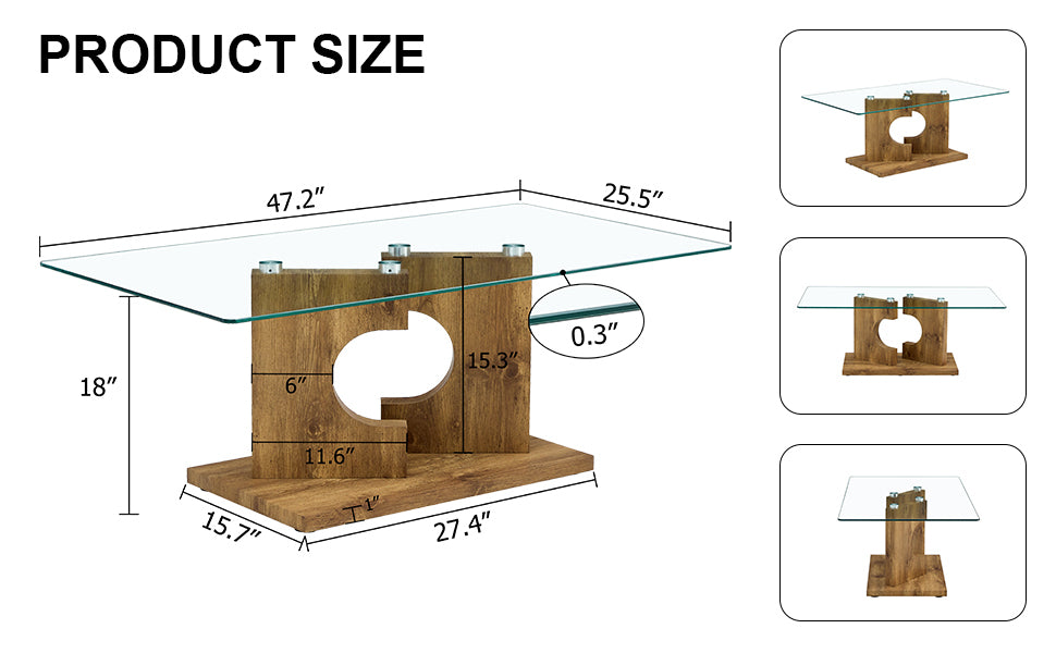 Leoglint A rectangular modern and fashionable coffee table with tempered glass tabletop and wooden color MDF legs. Suitable for living room.47.2"*25.5"*18"