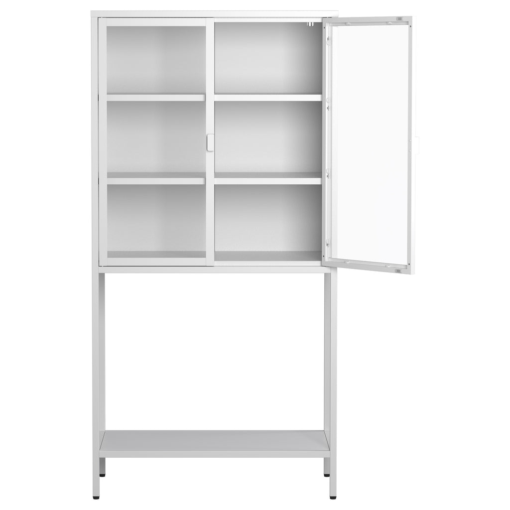 Leoglint 59"H Heavy Duty Metal Storage Cabinet, Display Storage Cabinet with Glass Doors and 2 Adjustable Shelves, Tall Bookcase Modern Bookshelf Cabinet for Home Office, Living Room, Pantry