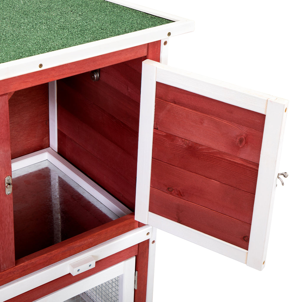 Leoglint Wood Rabbit Hutch, Pet Playpen with 2 Stories, Ramp, Doors, Pull-out Tray, Water Bottle, Outdoor Enclosure for Small Animals Bunnies, Red and White