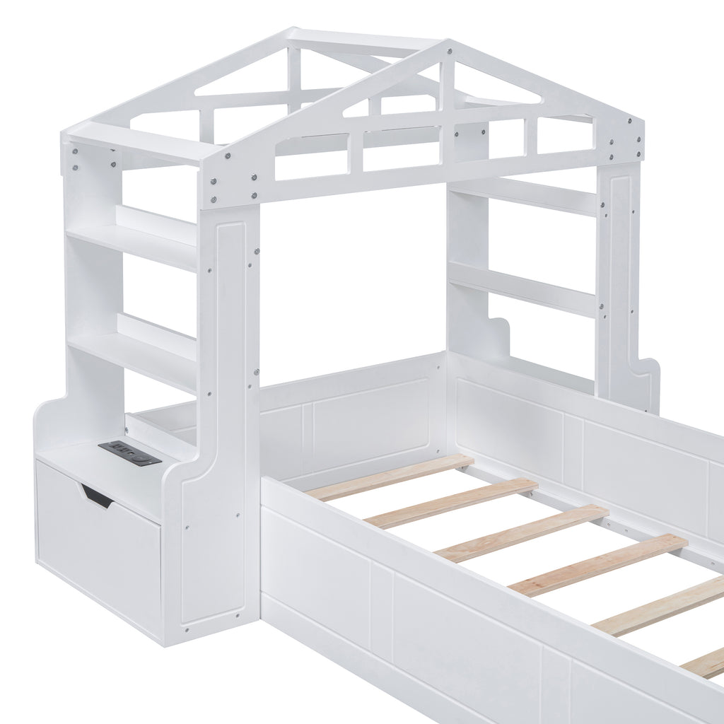 Leoglint Twin Size House Bed Frame with Bench, Socket and Shelves, White