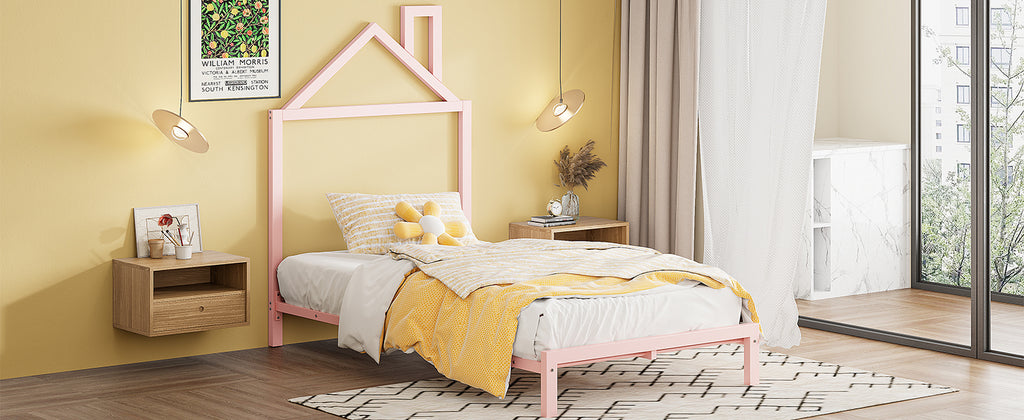 Leoglint Twin Size Metal Platform Bed Frame with House-Shaped Headboard Design, Pink