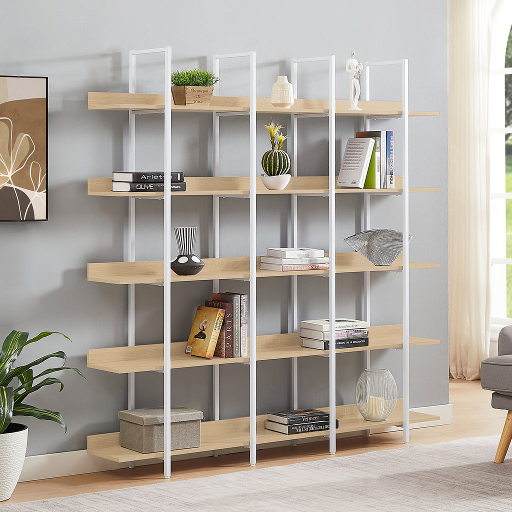 Leoglint 5 Tier Bookcase Home Office Open Bookshelf, Vintage Industrial Style Shelf, MDF Board, White Metal Frame, Oak