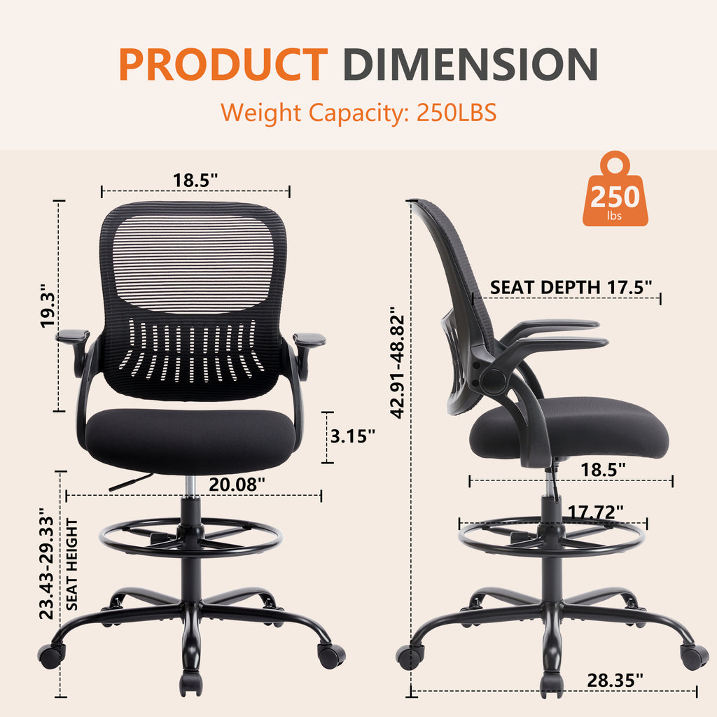 Leoglint Sweetcrispy Drafting Tall Office Chair Ergonomic High Desk Chair with Flip-up Armrests