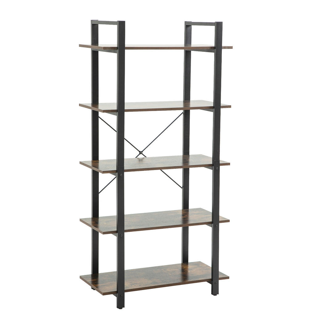 Leoglint 5-Shelf Vintage Industrial Rustic Bookshelf, 5 Tier Wood and Metal Bookcase, Open Etagere Book Shelf, Farmhouse Wooden Bookshelves, Vintage Brown