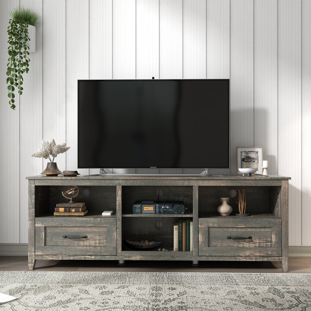 Leoglint 70 Inch Length TV Stand for Living Room and Bedroom, with 2 Drawers and 4 High-Capacity Storage Compartment,  Black Pine