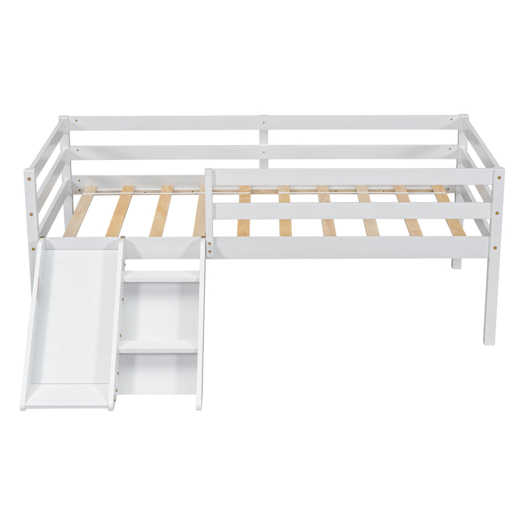 Twin Low Loft Bed Frame with Slide,  Ladder, Safety Guardrails, No Box Spring Needed,White