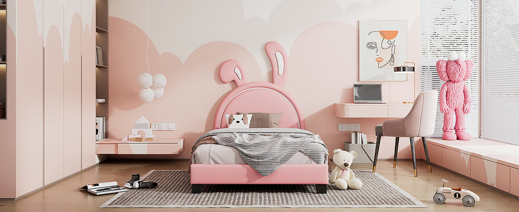 Leoglint Twin Size Upholstered Leather Platform Bed Frame with Rabbit Ornament, Pink