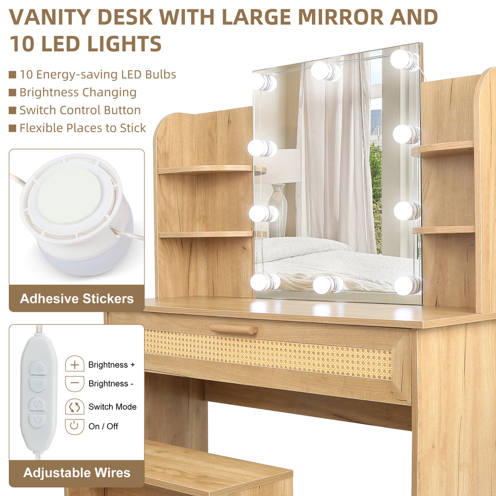 Leoglint Drawer Chest Vanity Desk Set Stool & Dressing Table with LED Lighting Mirror Drawer and Compartments Modern Wood Cosmetic Table Chest of Drawers Nature Color