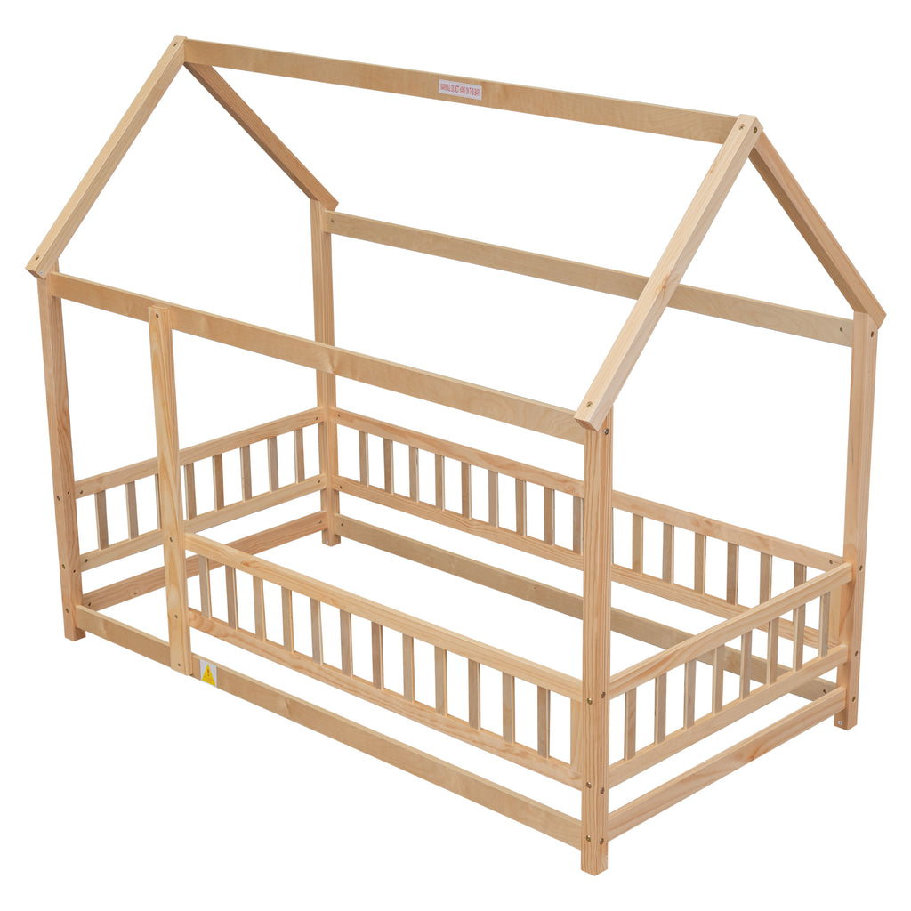 Leoglint Twin Size Floor Wooden Bed Frame with House Roof Frame, Fence Guardrails,Natural(Old SKU:W1791106616)