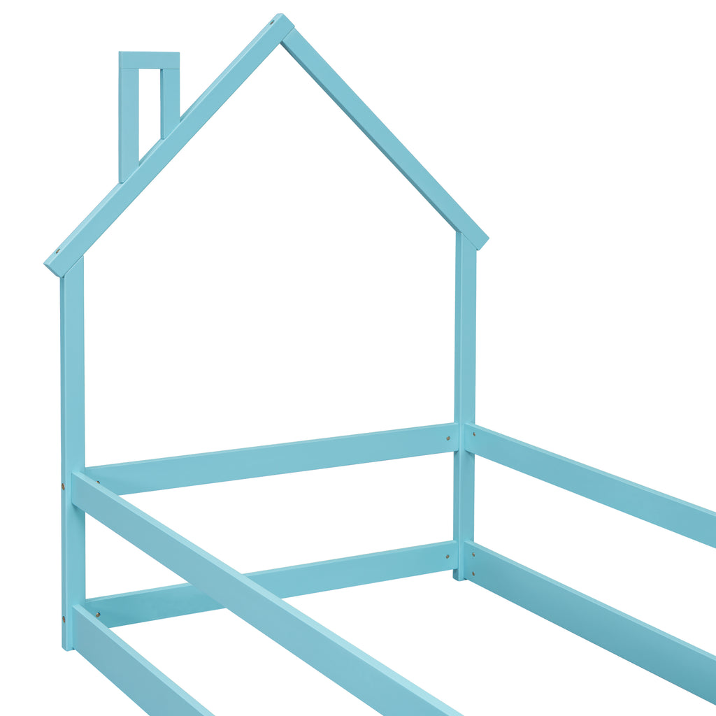 Leoglint Twin Size Wood bed Frame with House-shaped Headboard Floor bed with Fences,Light Blue