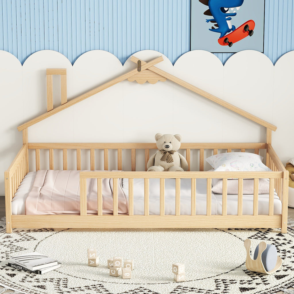 Twin House-Shaped Bedside Floor Bed Frame with Guardrails, Slats, without Door ,Natural