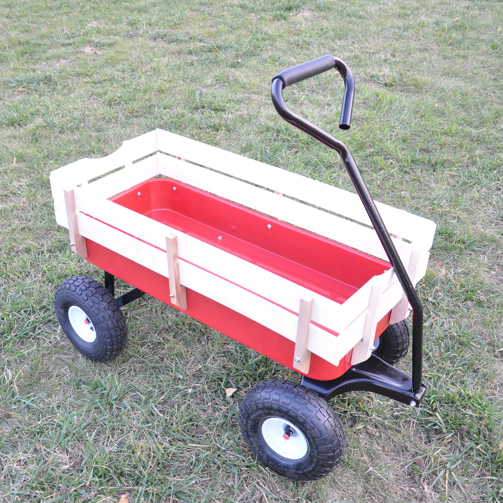 Leoglint Outdoor Wagon All Terrain Pulling Wood Railing Air Tires  Garden cart (Red+white)