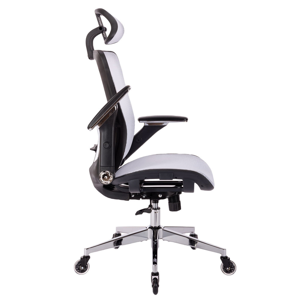 Leoglint WHITE Ergonomic Mesh Office Chair, High Back - Adjustable Headrest with Flip-Up Arms, Tilt and lock Function, Lumbar Support and blade Wheels, KD chrome metal legs