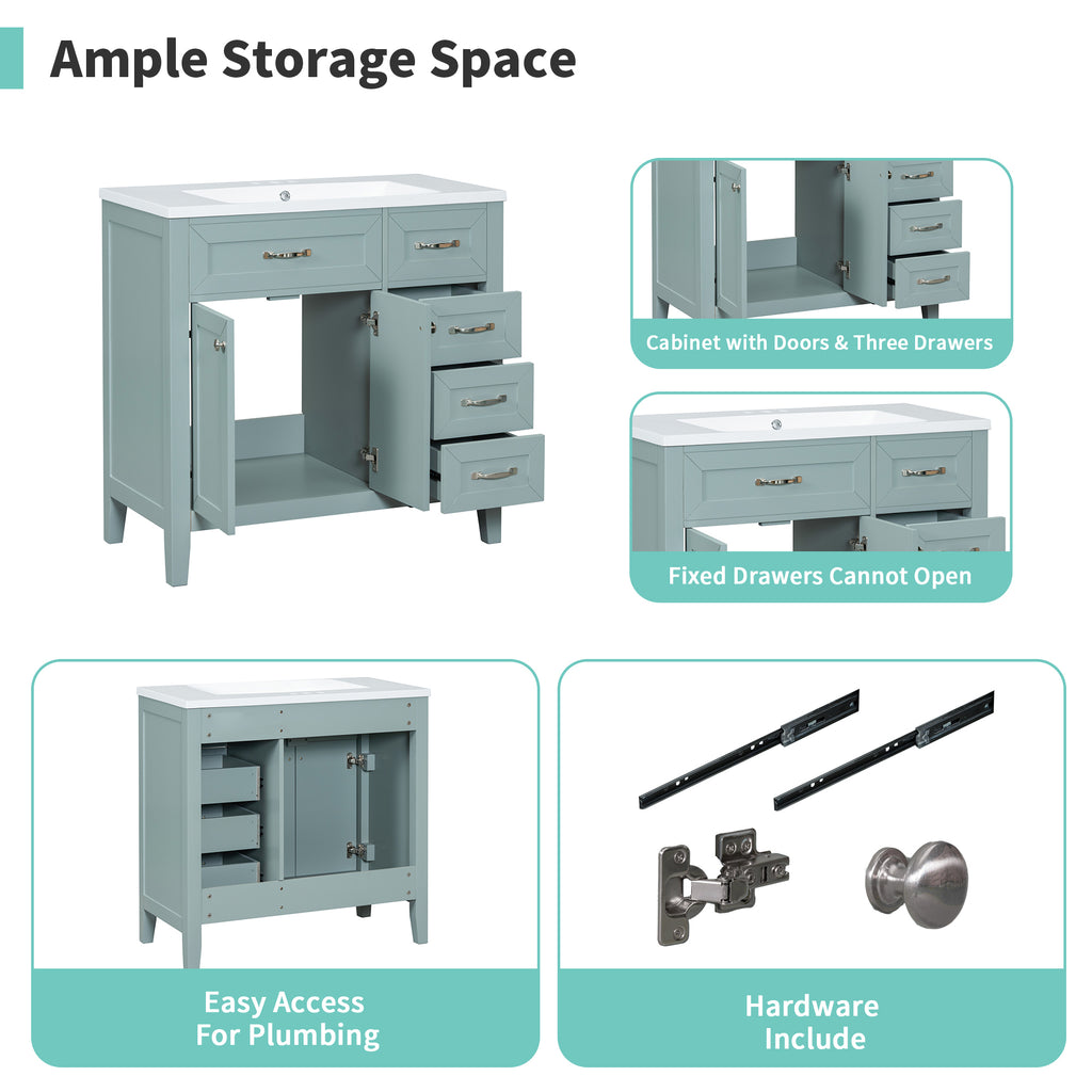 Leoglint 36" Bathroom Vanity without Sink, Cabinet Base Only, Bathroom Cabinet with Drawers, Solid Frame and MDF Board, Green