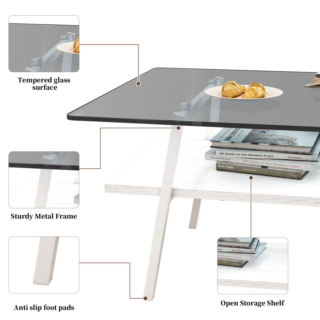 Leoglint Rectangle Coffee Table, Tempered Glass Tabletop with White Metal Legs, Modern Table for Living Room , Gray Glass