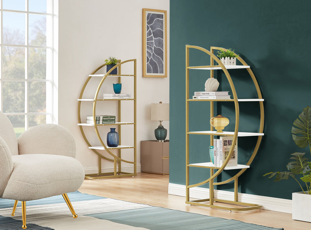 Leoglint 4 Tiers Home Office Open Bookshelf, Round Shape, Different Placement Ways, MDF Board, Gold Metal Frame, White