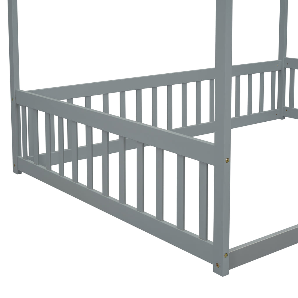 Leoglint Bed Frame Full Size Canopy Frame Floor Bed with Fence, Guardrails,Grey