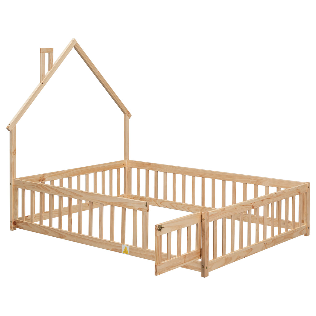 Leoglint Bed Frame Full House-Shaped Headboard Floor Bed with Fence,Natural