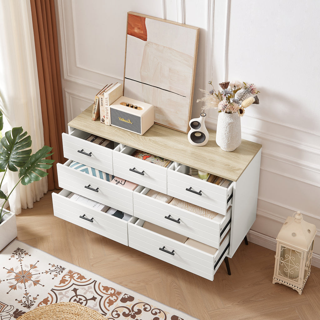 Leoglint 7 Drawer Chest Drawer Dresser for Bedroom with Deep Drawers, Wood Dressers & Chest of Drawers, Modern White Long Dressers for Closet Living Room, 47.2"W x 15.7"D x 31.5"H, White & oak