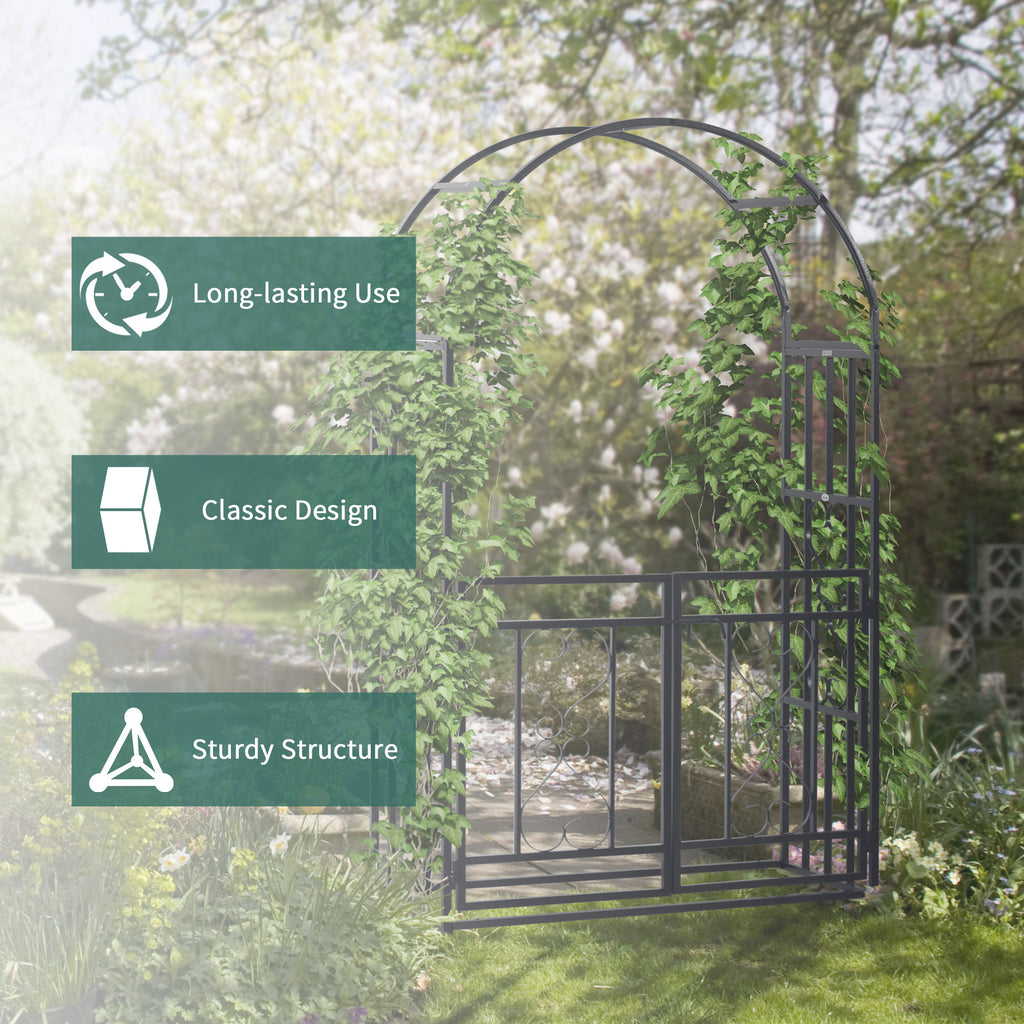 Leoglint 81" Metal Garden Trellis Arbor with Double Doors, Locking Gate, Climbing Vine Frame with Heart Motifs, Arch for Wedding, Bridal Party Decoration, Grey