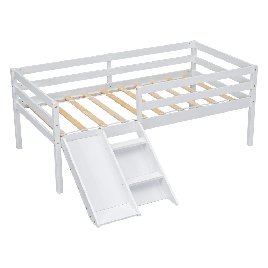 Twin Low Loft Bed Frame with Slide,  Ladder, Safety Guardrails, No Box Spring Needed,White