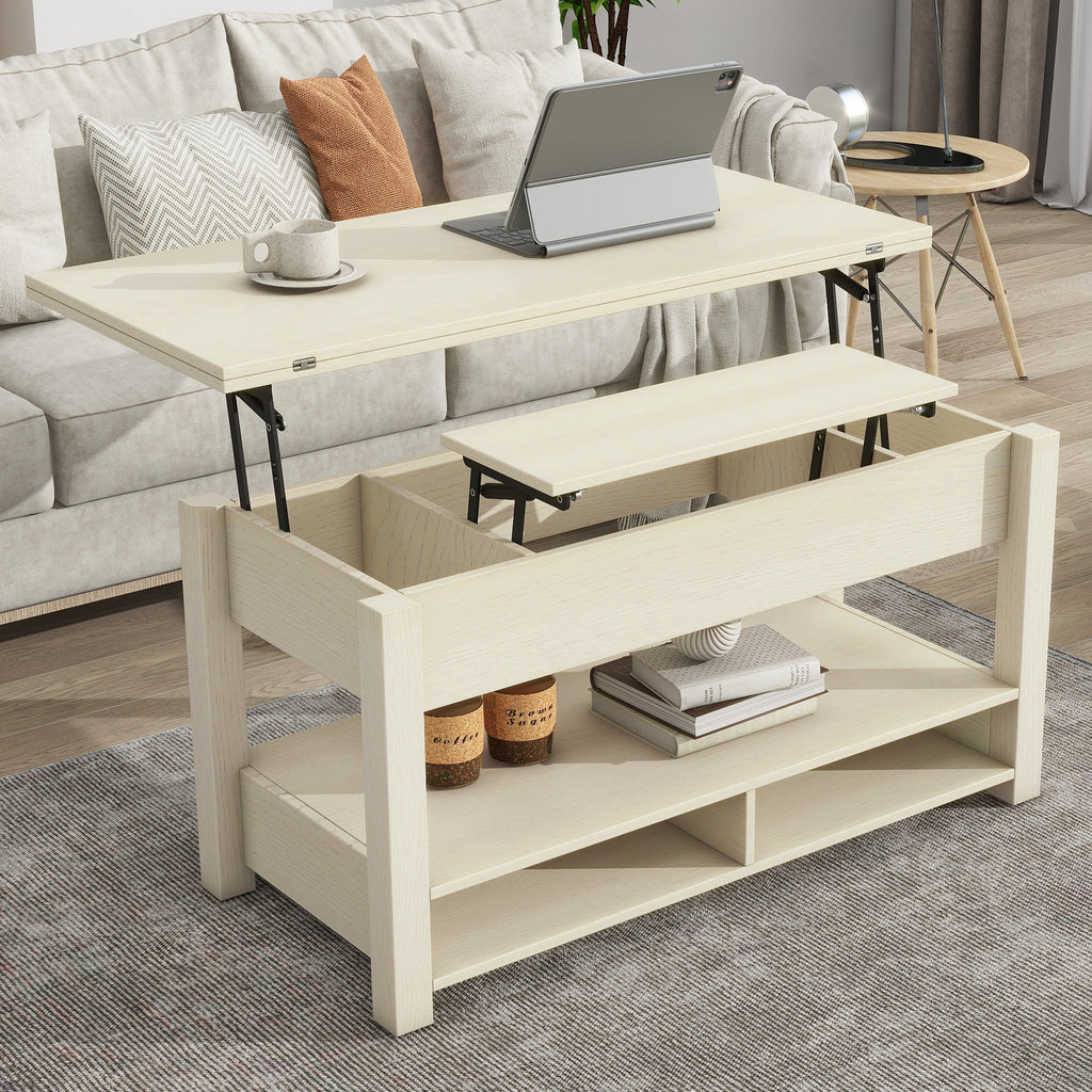 Leoglint [VIDEO provided] ON-TREND Lift Top Coffee Table, Multi-Functional Coffee Table with Open Shelves, Modern Lift Tabletop Dining Table for Living Room, Home Office, Rustic Ivory