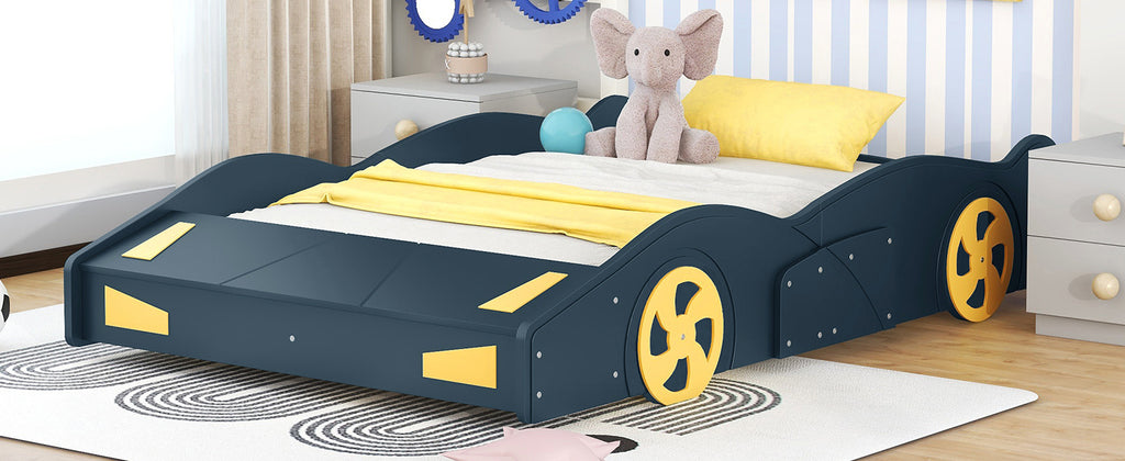 Leoglint Bed Frame Full Size Race Car-Shaped Platform Bed with Wheels and Storage, Dark Blue+Yellow